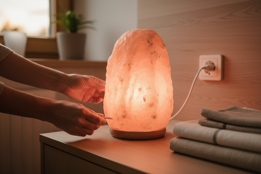 Person plugging in a Himalayan salt lamp