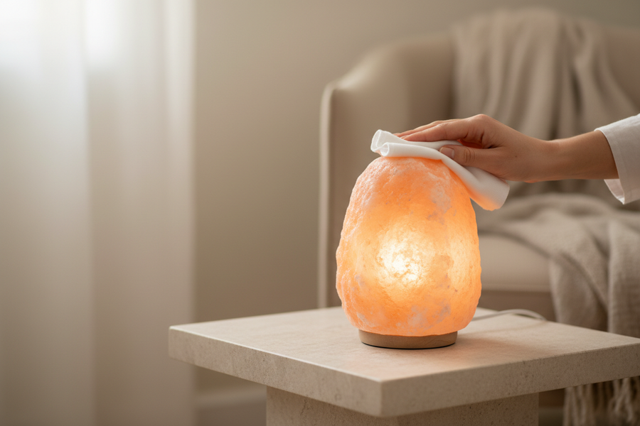 Salt lamp being gently cleaned with a soft cloth